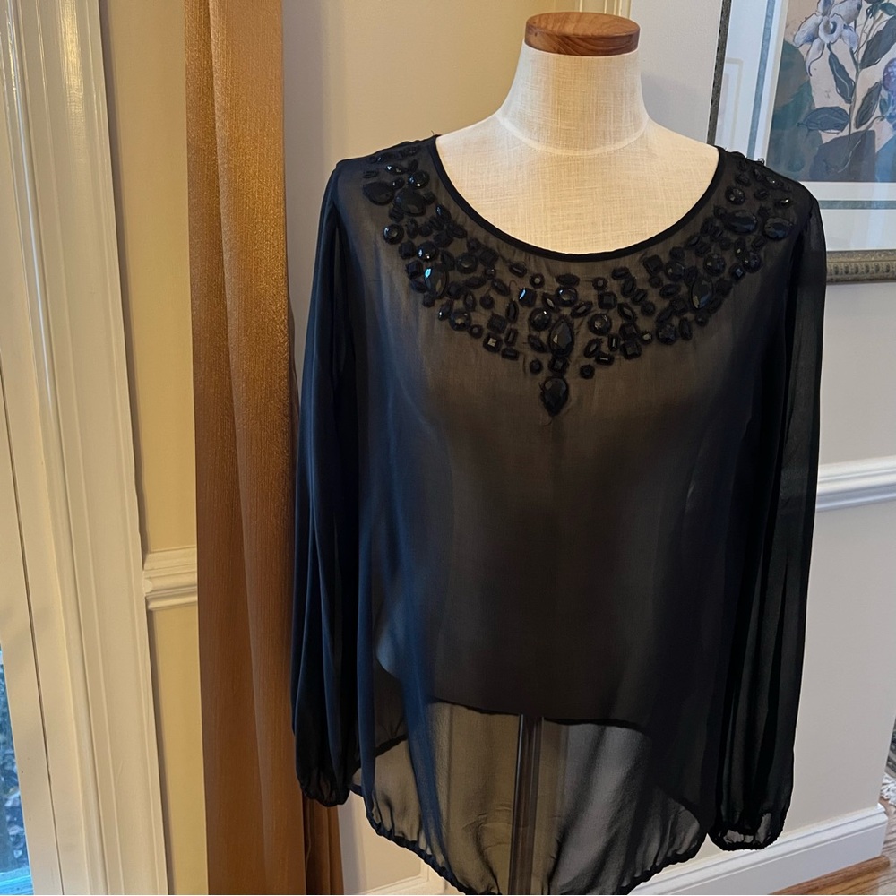 CHICO’S -Elegant Sheer Black Beaded Women's Top